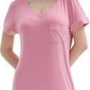 Cherrydew Womens Soft Cooling Nightshirt Short Sleeve Bamboo Viscose Nightie V Neck Lightweight Nightgown S-XXL (Pink, XXL)