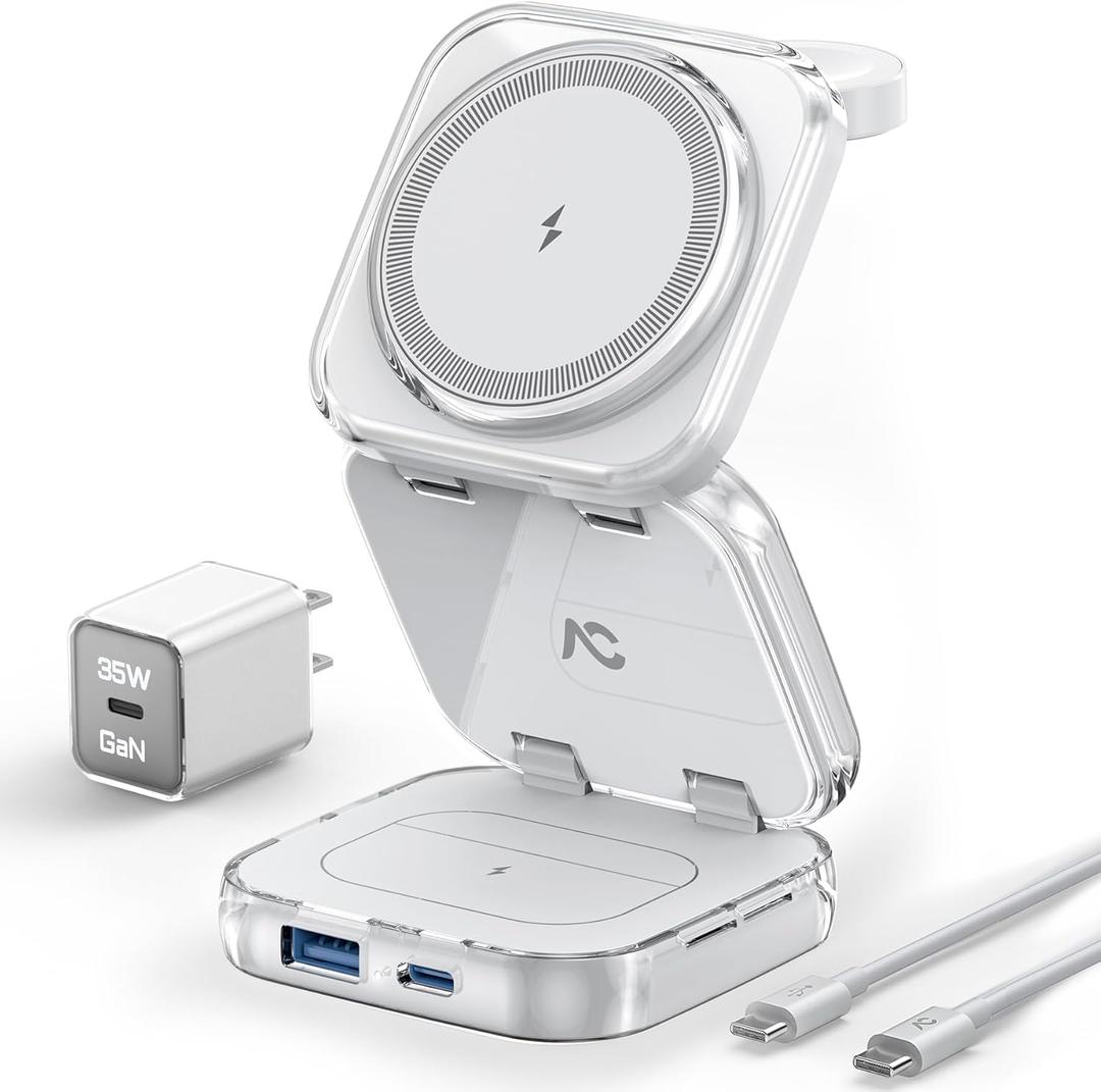 Wireless Charger for MagSafe, AC Island 5-in-1 Portable Travel Charging Station, 15W Max Fast Foldable Magnetic Stand, Evolved for iPhone 16/15/14/13 Series, Apple Watch, AirPods (with 35W Adapter) (Ice White)