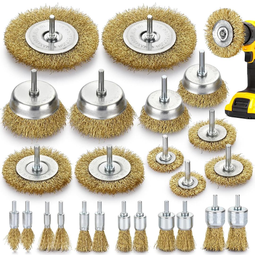 Wire Wheel for Drill - 24 Pack Brass Wire Wheel Cup Brush and End Brush Set, Wire Brush for Drill Rust Removal, Wire Brush Drill Attachments, 1/4" Drill Shank, Carbon Steel Bristles