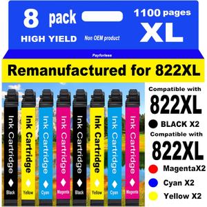 PayForLess for 822XL Remanufactured for Epson 822XL Ink Cartridges for 822 XL T822 Workforce Pro WF-3820 WF-3823 WF-4820 WF-4830 WF-4833 WF-4834 Printer 2 Black 2 Cyan 2 Magenta 2 Yellow 8 Pack
