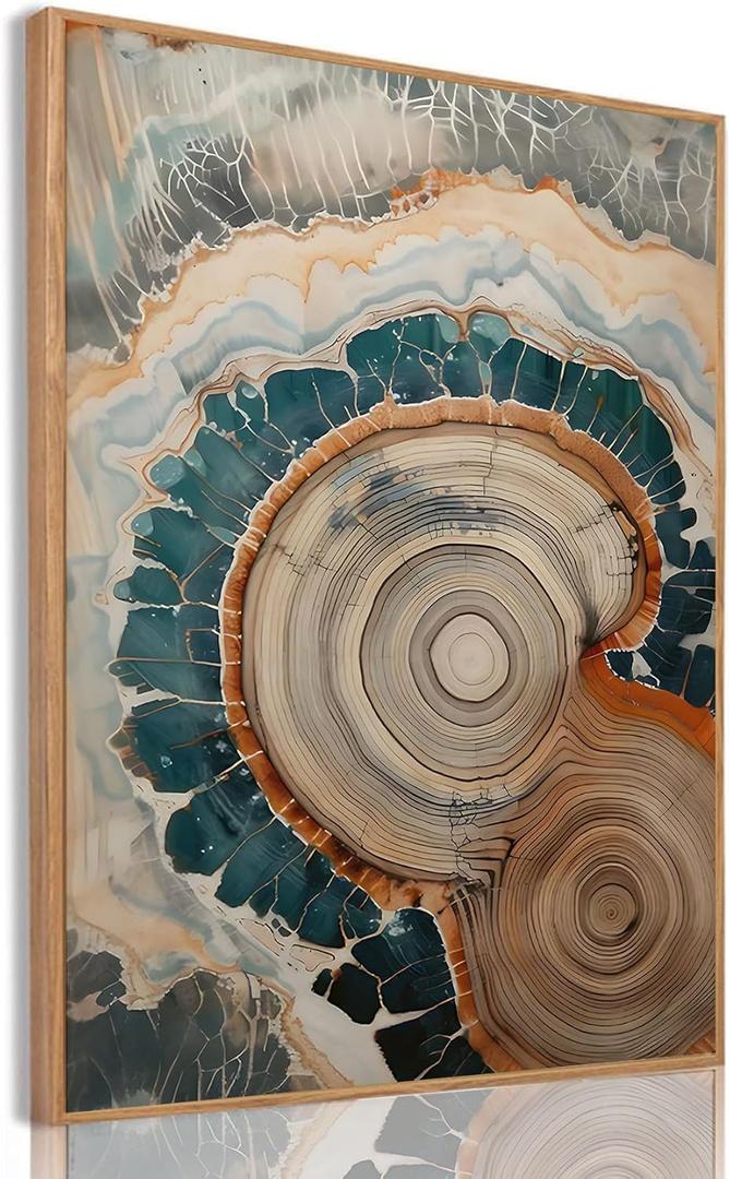 IBHJSART Framed Tree Ring Canvas Wall Art Vintage Colorful Wood Stump Painting Prints Modern Minimalist Pictures Neutral Nature Rustic Farmhouse Decor Living Room Bedroom Bathroom Office (16"x24" Natural)