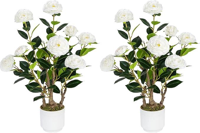 Jcezvnt 2 Pack Artificial Camellia Tree with White Pot, 24" Faux Potted Plants for Indoor Outdoor Decor, Tall Silk Greenery Plant for Home Office Living Room Balcony, White