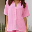 Womens Casual Knitted Two Piece Sets Lounge Sets Short Sleeve Solid Color Oversized Tees And Shorts Outfits (Pink)