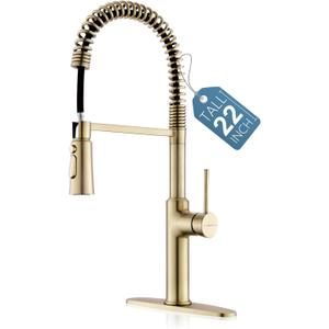 22 Extra-Tall Brushed Gold Kitchen Sink Faucets, Commercial High Arc Single Handle Kitchen Faucets for Pull Down Sprayer Modern Spring with Deck Plate 22 inch
