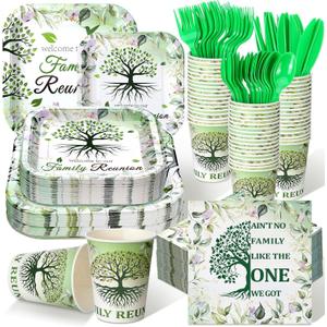 350 Pcs Family Reunion Paper Plates and Napkins Set 9 Inch 7 Inch Disposable Durable Dinnerware Gathering Tree Party Supplies Tableware Serve 50 Guest Cups Knife Forks Spoon