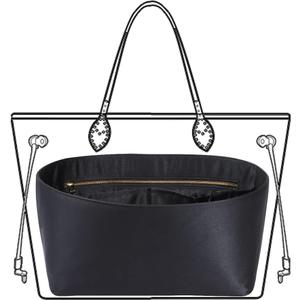 Purse Organizer Insert For Handbags, Silk Purse Organizer with Zipper, Silky Smooth, Bag Organizer For Speedy Neverfull Tote,onthego,Artsy, 6 Sizes(Slender Large, Silky Black)