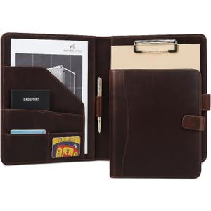 Leather Portfolio Genuine Full-Grain Leather Professional Clipboard with Pen Loop, A4/Letter Notepad Holder with Card Slots Interview File Business Padfolio | Luxury Gift for Men & Women