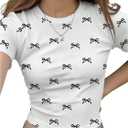 SHENHE Girl's Graphic Tee Y2k Bow Shirt Crewneck Short Sleeve Aesthetic Slim Fit Crop Top (White), 16Y