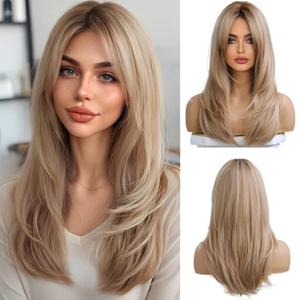 Long Straight Blonde Wigs for Women Layered Synthetic Hair Ombre Wig with Dark Roots for Daily Party Cosplay Wear-20 Inches LC8033 0