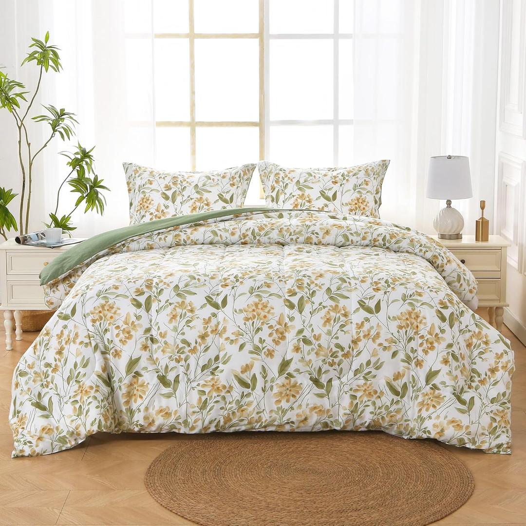Mooreeke Floral Queen Size Comforter Sets, Vintage Green and Yellow Botanical Printed Bedding for All Seasons, 3-Piece Vintage Bed in a Bag with Fluffy Quilted Reversible Comforter & 2 Pillow Shams