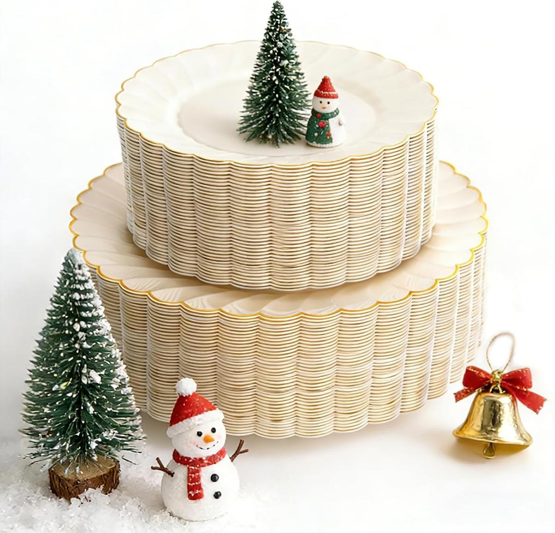 YOUBET 100PCS Ivory Scalloped Plastic Plates - Heavy Duty Gold Disposable Fancy Hard Plates Include 50 Dinner Plate, 50 Dessert Plate, for Wedding & Party