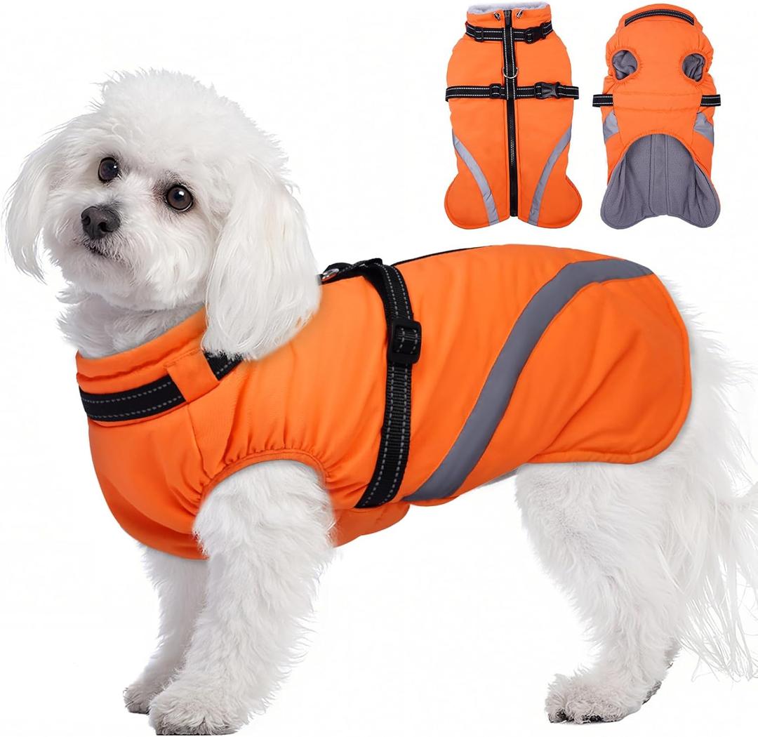 BRKURLEG Dog Winter Jackets for Small Dogs, Dog Coat with Harness Built in, Dogs Snowsuits with Zipper, Waterproof Windproof Pet Puffer Jacket Fleece Vest for Shih Tzu, Maltese, Orange S