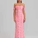 KUTUMAI Off The Shoulder Maxi Long Dress Corset Ruched Bodycon Cocktail Formal Wedding Guest Dresses for Women (Pink, M)
