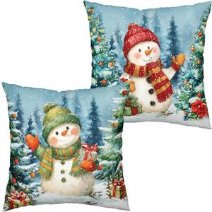 Lovely Green and Red Snowman Pillow Covers Christmas Throw Pillow Covers 18x18 Set of 2 Winter Xmas Tree Pine Forest Pillowcase Holiday Cushion Case for Couch Sofa