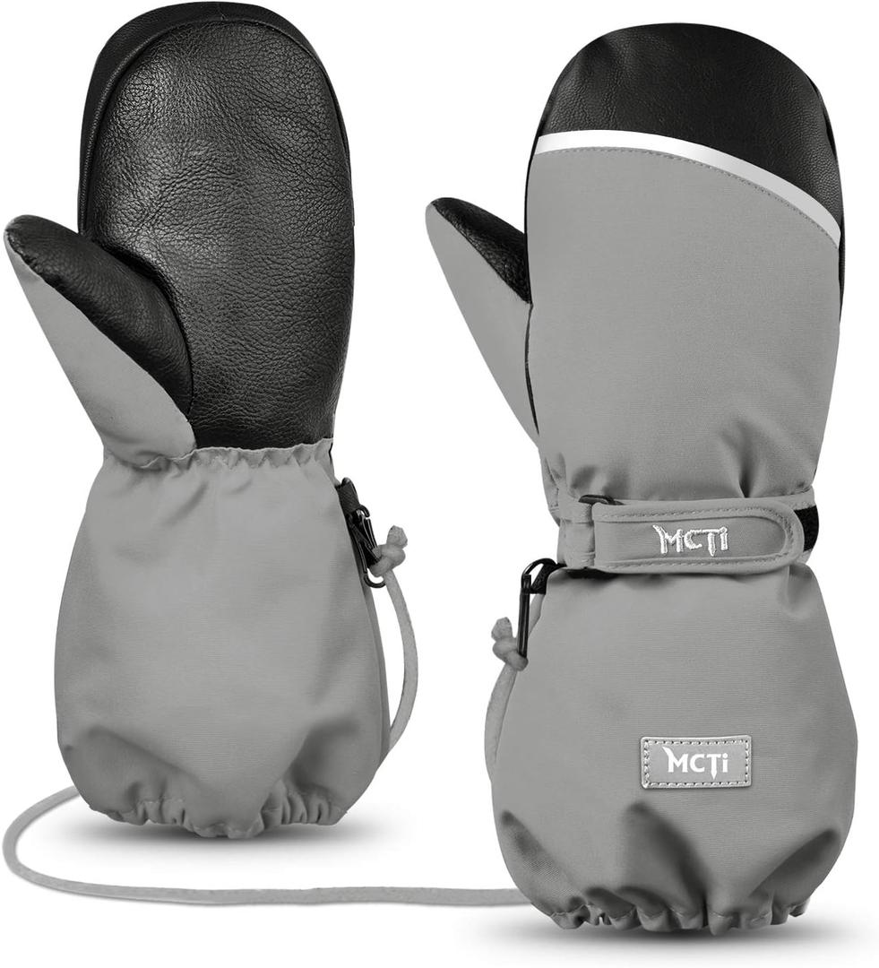 MCTi Kids Mittens Waterproof Winter Ski Warm Sherpa Lined Long Cuff with String (Gray, XS)