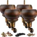 La Vane 5.5 inch Wooden Furniture Legs with Castor, 4PCS Soild Wood Glaze Turned Replacement Bun Feet with Pre-Drilled M8 Inch Bolt & Mounting Plate for Armchair Ottoman Recliner Chair Footstool (Type #03)