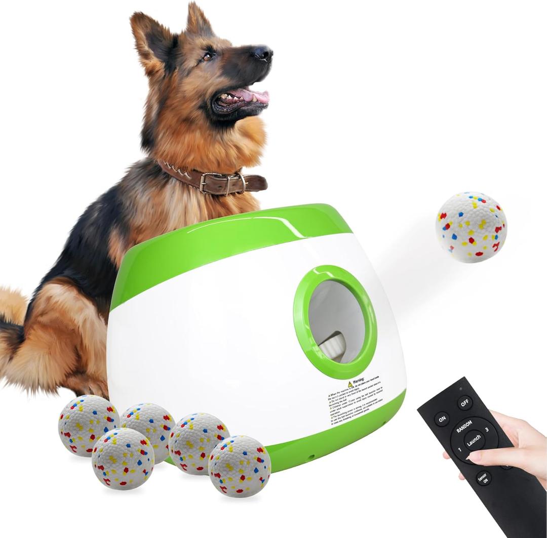 Automatic Dog Ball Launcher, Upgraded Interactive Dog Balls Thrower with Ajustable Distance 20Ft-70Ft, Remote Control Ball Launcher for Medium and Large Dogs, 6 Etpu Toy Balls (Lime Green)