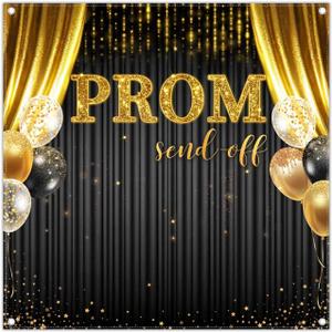 6x6ft Fabric 2026 Prom Send Off Backdrop Black and Gold Glitter Graduation Balloon Photography Background Congrats Grad Class School Party Decorations Photo Banner