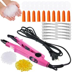 Hair Extensions Iron Fusion Keratin Hair Extensions Heat Tool Heat Connector Wand with Fusion Glue Protector Template Hair Clip Finger Protector 2 Bag Keratin Glue Granule Bead(Pink)