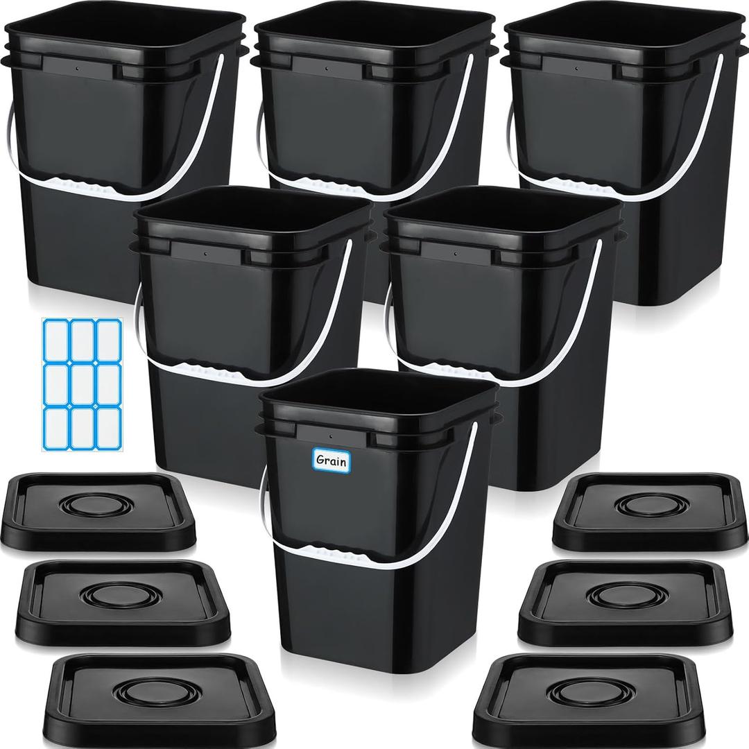 Vesici 6 Pcs 5 Gallon Square Bucket Pail with Plastic Handle and Lid Storage Food Container Industrial Pail with DIY Label Sticker for Multipurpose Paint Water Art Crafts Project(Black)