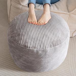 Round Stuffed Pouf Ottoman, Corduroy Poufs with Foam Chunk Filling, Furry and Fluffy Pouf Foot Stool Storage Ottomann Floor Poufs Foot Rest for Living Room, Grey, 24 x 17 in