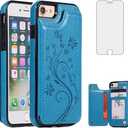 Phone Case for iPhone SE 2020/7/8 with Tempered Glass Screen Protector Card Holder Wallet Cover Stand Flip Leather Cell iPhoneSE2020 iPhone7 iPhone8 i Phones8 i7 i8 7s 8s Cases Women Girls Men Blue