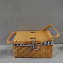 Picnic Basket with Blankets Kit, Handwoven Natural Woodchip Basket with Lid Handle and Extra Large Foldable Waterproof Picnic Mat for Outdoor Camping Beach Grass Party Hiking Travel (Black)