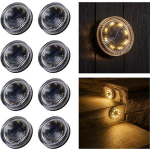 Glass Solar Deck Lights with Ray Style, Modular-Design Waterproof Outdoor Fence Lights for Stairs Step Yard Patio Garden Wall Pathway, Decorative Patio Table Lighting, Warm White (8 Pack)