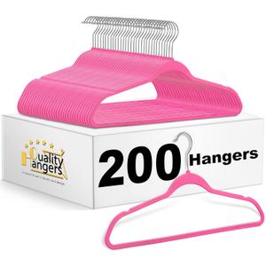 Quality Hangers 200 Pack Slim Plastic Hangers for Clothes - Sturdy Non-Velvet Pink Hangers with 360 Swivel Chrome Hook & Notches - Versatile for Coats Shirts Dresses  Pink
