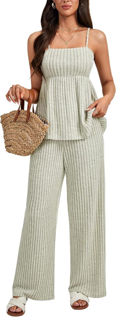 LYANER Women's 2 Piece Outfits Ribbed Knit Peplum Cami Top Wide Leg Pants Lounge Set