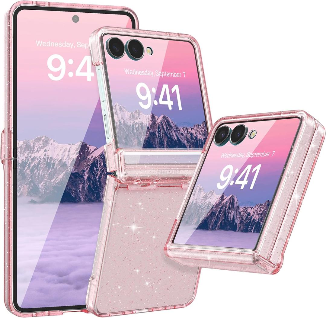 FABSPARK Case for Samsung Galaxy Z Flip 7 Built-in Screen Protector,Hinge Protection,Sparkly Bling Glitter Crystal Clear Transparent Slim Fit Acrylic Hard PC for Samsung Z Flip 7 Case,Glitter Pink