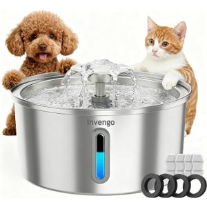 Cat Water Fountain Stainless Steel 3.2L/108oz, Invengo Automatic Pet Fountain for Cats & Dogs, Ultra Quiet <25 dB Pump, Includes 4 Replacement Filters & Sponges, LED Water Level Window, Easy to Clean