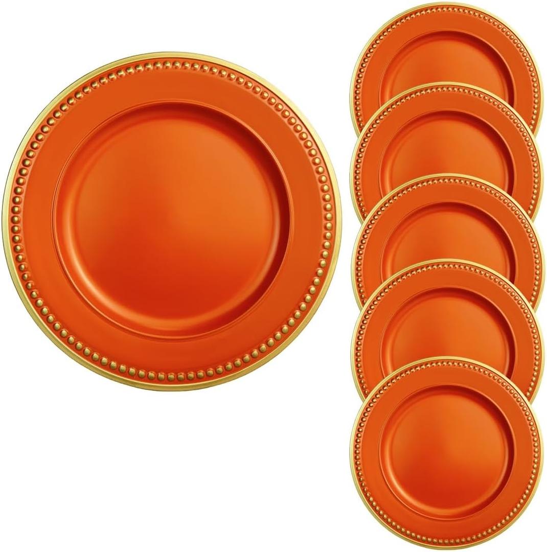 Umisriro Orange Beaded Charger Plates, Set of 6, 13 Inch Plastic Round Chargers for Dinner Plates, Party, Wedding, Birthday (Orange, 6)