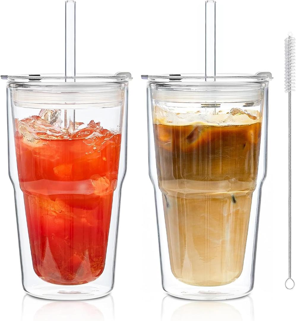 KEMORELA 16oz Clear Double Wall Drinking Glass Cups with Lids and Straws, 2 Pc Set Condensation Resistant Insulated Glass Can Tumblers for Cold Drinks,Iced Coffee,Tea,Juice and Drinks Cleaning Brush