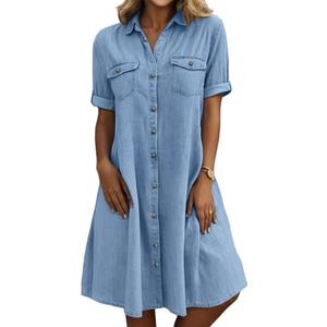 chouyatou Women's Summer Short Sleeve Denim Shirt Dress Business Casual Button Down Midi Long Jean Dress (Medium, Light Blue) 