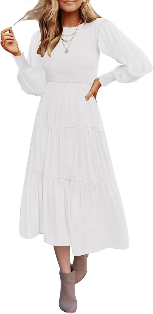 ZESICA Women's Casual Long Sleeve Crew Neck High Waist Smocked Flowy Tiered Midi Dress (White, M)