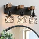 Farmhouse Vanity Light Fixture,3-Light Bathroom Lighting,Black Industrial Wood Wall Light Over Mirror with Metal Shade,Bulbs NOT Included