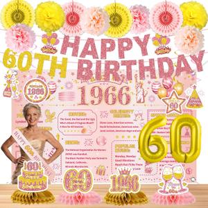 24 Pcs 60th Birthday Decorations for Women, Back in 1966 Party Supplies, Pink Gold 60th Birthday Banner Backdrop Hanging Swirls Balloons Honeycomb Centerpieces Sash