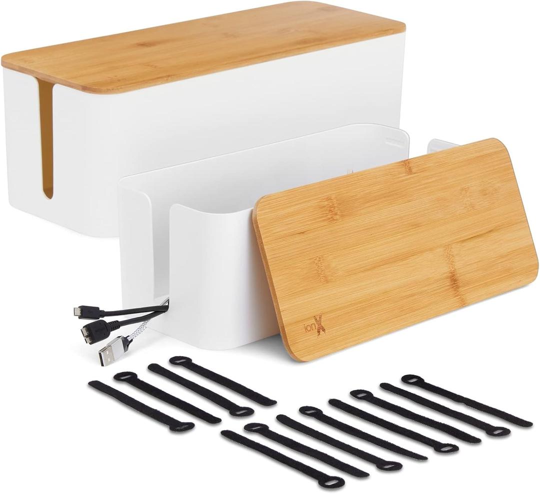 Box for Cable Management, 1 Large and 1 Medium ABS Cord Organizer Box with Bamboo Lid, White