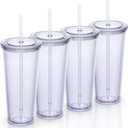 24oz Double Wall Plastic Tumblers with Lids and Straws | Large Classic Travel Tumbler | 4 Pack Set of 4 | Clear Reusable Cups with Straws | BPA Free