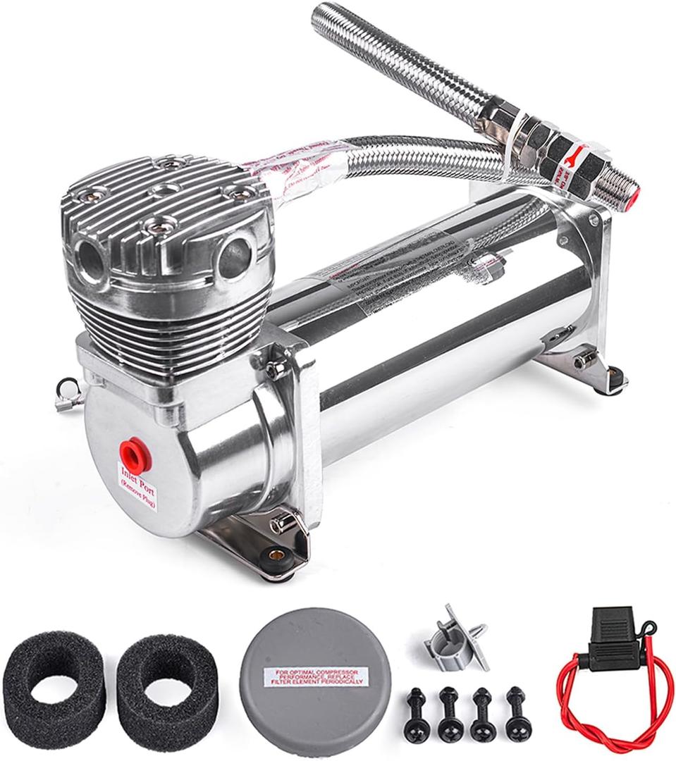 Heavy Duty 200 PSI Air horn Compressor, 3/8 NPT Train Horn/Air Ride Compressor, Fittings for 12V Train/Truck/Car SILVER