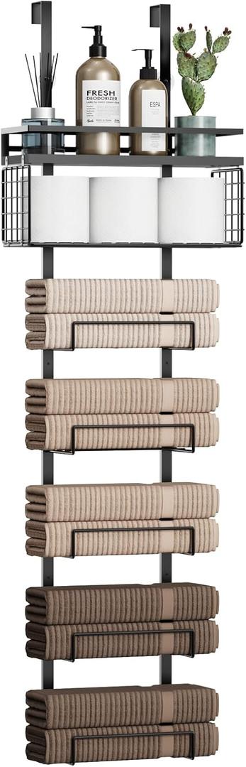 Aetyord Towel Racks for Bathroom Over The Door Towel Racks Towel Storage Organizer with Metal Shelf Basket for Bathroom Rv Camper (7Tier Black with Brown Plank)