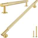 QOGRISUN 1-Pack Solid Brass Cabinet Pulls,Grooved Gold Bar Handles,18-Inch Hole Center for Kitchen Drawer Dresser Cupboard, 20.6-Inch Total Length, Brushed Brass Finish  Eleganza