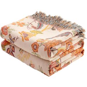 VANJOROY Boho Throw Blanket 60" x 80", 100% Organic Cotton Breathable Skin-Friendly Ultra Soft Bed Quilt Throw - Floral Rustic Decor Luxury Reversible Blanket for Sofa Couch Chair and Gift,
