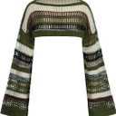 SHENHE Women's Crochet Shrugs Striped Long Bell Sleeve Baggy Knit Sweater Crop Top Fairy Grunge, Green White Multi, M