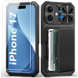 BXYJY for iPhone 17 Case Wallet with Screen Protector (Tempered Glass), Card Holder (4-5 Cards), Slide Camera Cover, Military Grade Drop, Heavy Duty Men Women Shockproof Case for iPhone 17, Black