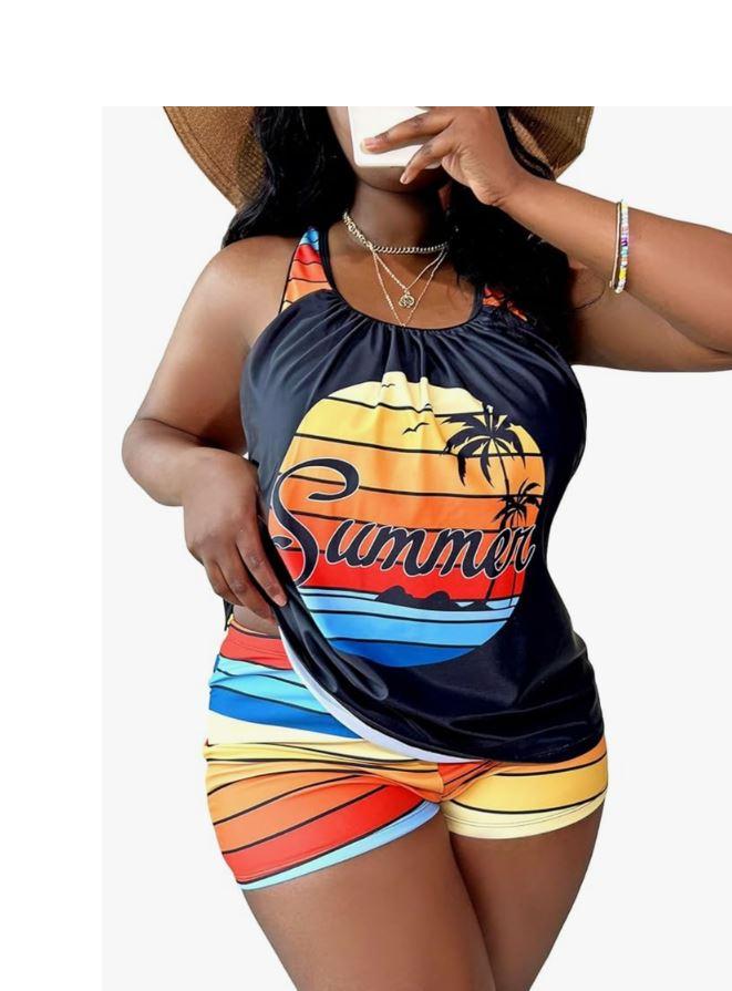 SOLY HUX Women's Plus Size Tankini Set Striped Tropical Print Tops and Shorts Bikini Bathing Suits 2 Piece Swimsuit 2XL
