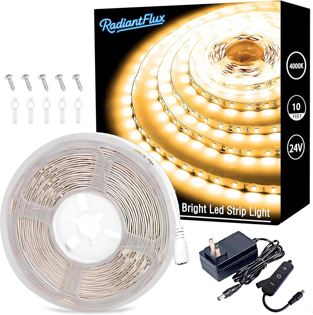RadiantFlux 4000K 10Ft LED Strip Lights, Natural Daylight LED Tape for Indoor, Dimmable Flexible Super Bright Lighting for Living Room, Kitchen & Vanity Mirror