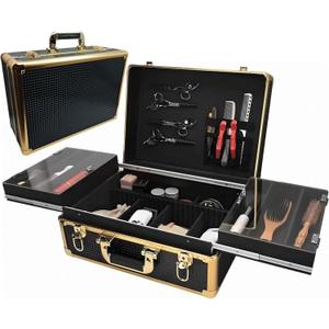 Barber Cases for Clippers and Supplies With Sliding Tray, Profesional Barbers Briefcase Tool Case, Hair Scissors Trimmer Organizer, Salon Barber Carrying Case with Lock(Gold)
