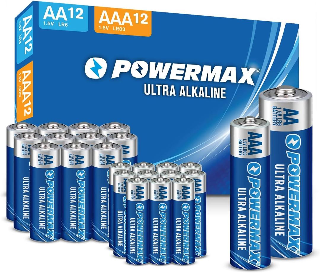 Powermax Alkaline Batteries 24-Count Combo Pack, (12 Double AA, 12 Triple AAA), Ultra Long Lasting Battery for Home and Office, 10-Year Shelf Life, Reclosable Packaging